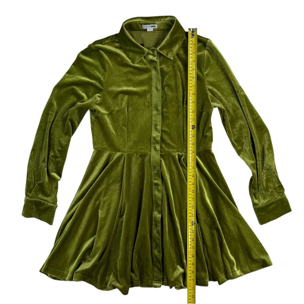 NEW Fashion Nova Phoebe Velvet Shirt Dress S Green Chartreuse Mini Luxe Mod - Picture 6 of 10